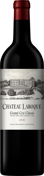 Weinflasche mit rotem Verschluss, elegante Etikettengrafik eines Anwesens.