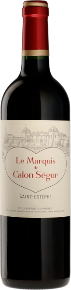 Dunkle Weinflasche mit rotem Hals und eleganter, herzförmiger Etikettgestaltung.