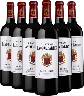 Sechs Weinflaschen mit roten Kapseln und dekorativen Etiketten in gold-rotem Wappen.