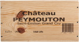 Holzkiste mit schwarzem Text und Barcode, unverarbeitete Holzmaserung sichtbar.