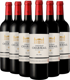 Sechs Rotweinflaschen mit rotem Verschluss und elegantem, gelb-weißem Etikett.