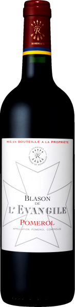 Dunkle Weinflasche mit elegantem, weißem Etikett und roten Akzenten.