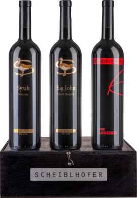 Drei elegante Weinflaschen auf einer schwarzen Holzbox mit goldenen und roten Akzenten.