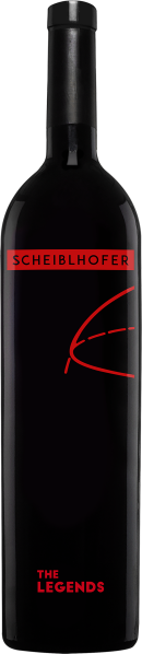 Dunkle Weinflasche mit rotem Logo und minimalistischem Design.