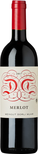 Dunkle Weinflasche mit rotem Korken und elegant gestaltetem Etikett.