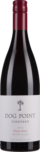 Dunkle Weinflasche mit rotem Verschluss und weißem Etikett.