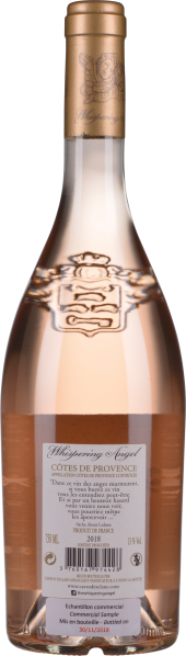 Flasche mit rosafarbenem Wein und goldener Kapsel, elegantes, geschwungenes Etikettendesign.