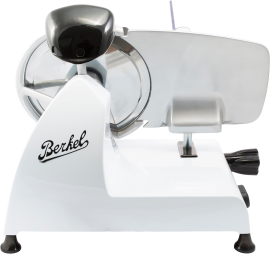 Weiße elektrische Aufschnittmaschine mit silberner Klinge und schwarzem Griff.