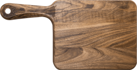 Schneidebrett aus Holz mit dekorativem, geschwungenem Griff und runder Aussparung.