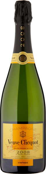 Grüne Champagnerflasche mit gelbem Etikett und schwarzem Folienverschluss.