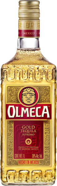 Goldene Tequila-Flasche mit aufwendigen Reliefverzierungen und rotem Etikett.