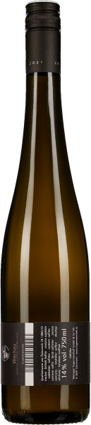 Schlankes, braunes Glasweinflasche mit schwarzem Schraubverschluss und Etikett auf der Rückseite.