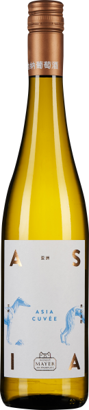 Klare Weißweinflasche mit bronzefarbenem Schraubverschluss und modernem Etikett.