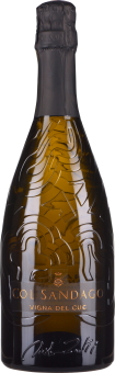Braune Sektflasche mit elegantem Reliefmuster auf der Glasoberfläche, schwarzer Verschluss und goldene Akzente.