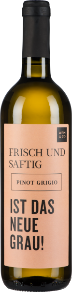 Weinflasche mit schwarzem Verschluss und rosa Etikett, moderner Schriftzug.