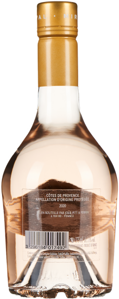 Glasflasche mit hellroséfarbenem Wein, goldener Verschluss, elegantes Design.