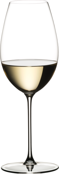 Elegantes Weinglas mit geschwungener Form, gefüllt mit hellem Weißwein.