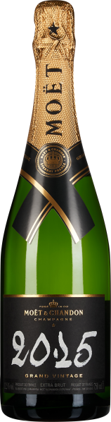 Grüne Champagnerflasche mit goldener Halsverpackung und schwarzem Etikett.