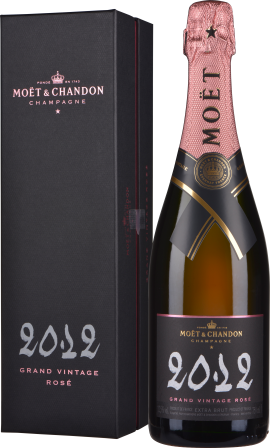 Schwarzer Karton mit Rosé-Champagnerflasche, elegante Aufmachung, pinkfarbenes Etikett, Jahrgang 2012.