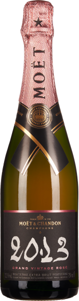 Champagnerflasche mit roséfarbenem Hals und elegantem, schwarzem Etikett.