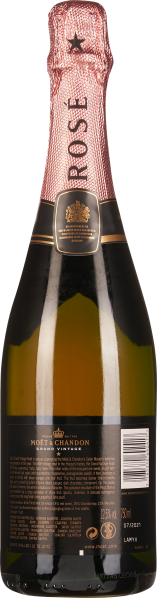 Flasche mit roséfarbenem Hals und gold-schwarzem Etikett, eleganter Look.