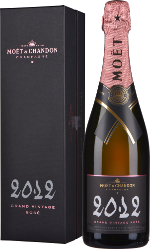 Schwarzer Karton mit Rosé-Champagnerflasche, elegante Aufmachung, pinkfarbenes Etikett, Jahrgang 2012.