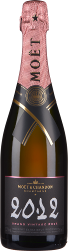 Champagnerflasche mit roséfarbenem Hals und schwarzem Etikett, elegante goldene Details.