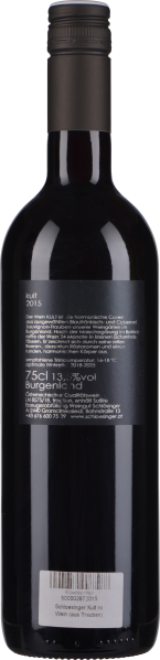 Dunkle Weinflasche mit schwarzem Etikett und schwarzem Schraubverschluss.