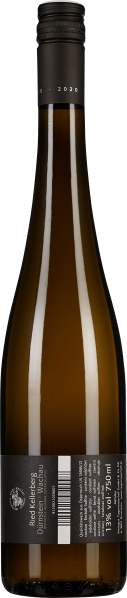 Schlanke, braune Weinflasche mit schwarzem Etikett und Schraubverschluss.