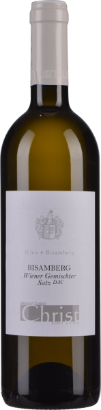 Weißweinflasche mit schlichtem Etikett und hellem Verschluss.