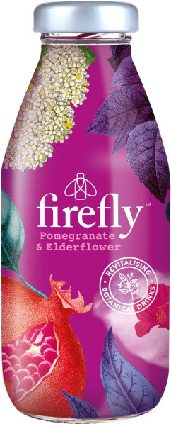 Bunte Flasche mit Blumen- und Granatapfelgrafiken, silbernem Deckel.