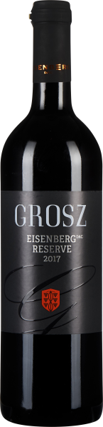 Schwarze Weinflasche mit grauem Etikett und rotem Wappen; elegantes Design.