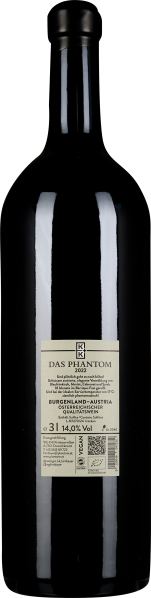 Hohe, schlanke, schwarze Weinflasche mit beigem Etikett und glänzendem Verschluss.