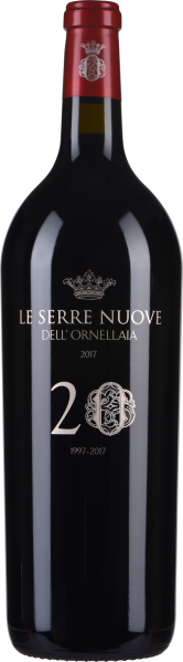 Große, elegante Weinflasche mit dunkelrotem Verschluss und silberner Beschriftung.