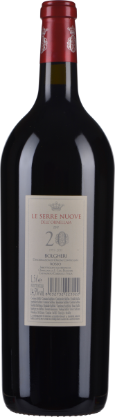 Flasche Rotwein mit rotem Korken und cremefarbenem Etikett.