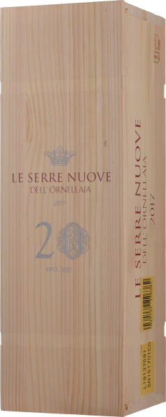 Holzkiste mit dezenter, eleganter Prägung in Rot und Blau.