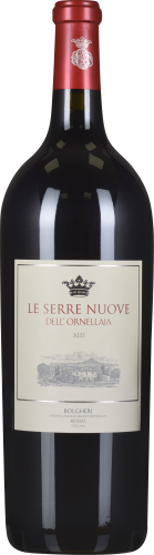 Dunkle Weinflasche mit rotem Hals, edlem Etikett und historischem Emblem.