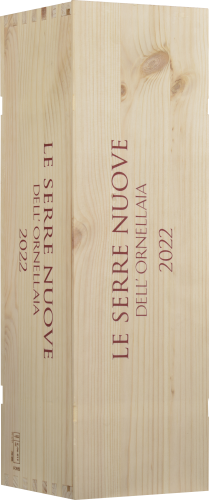 Holzkiste mit roter Schrift, dezent gemaserte Oberfläche, schlicht, elegant.