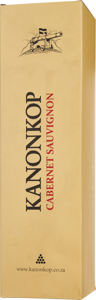 Beige Weinkarton mit schwarzer und roter Schrift, oben Kanonenillustration.