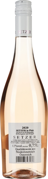 Roséwein in heller Glasflasche, blassrosa Farbe, silberner Schraubverschluss.