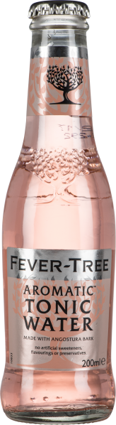 Kleine Glasflasche mit rosafarbenem Tonic Water und silbernem Etikett.