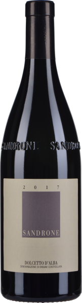 Braune Weinflasche mit schlichtem, cremefarbenem Etikett und geprägtem Glas.