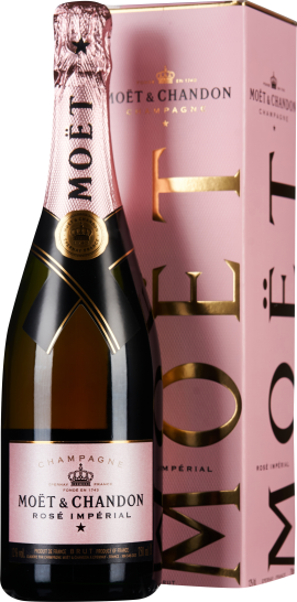 Rosafarbene Champagnerflasche mit passender Geschenkbox in elegantem Design.
