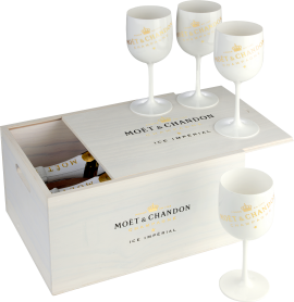 Holzkiste mit weißen Gläsern und edlem Goldaufdruck.