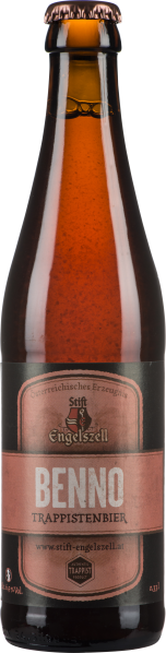 Braune Bierflasche mit braunem Etikett und kupferfarbenem Kronkorken.