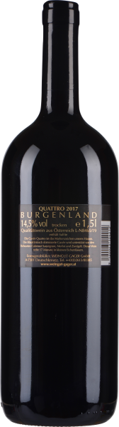 Große, dunkle Weinflasche mit schlichtem Etikett und goldener Schrift.