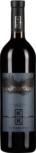 Elegante Weinflasche mit dunklem Etikett und stilisiertem Maskenmuster.