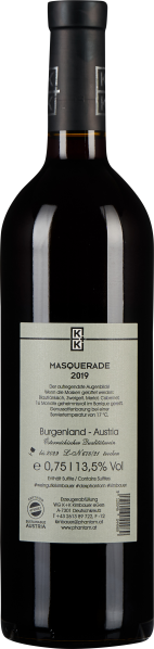 Dunkle Weinflasche mit modernem Etikett, Text in Schwarz auf beigem Hintergrund.