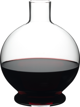 Kugelförmige, transparente Glaskaraffe mit schmalem Hals, gefüllt mit rotbrauner Flüssigkeit.