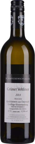 Grüne Weinflasche mit weißem Etikett und schwarzem Schraubverschluss.